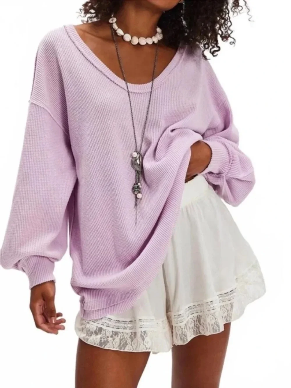 Free People Lavender Boho Thermal Top Balloon Long Sleeve Oversized Relaxed